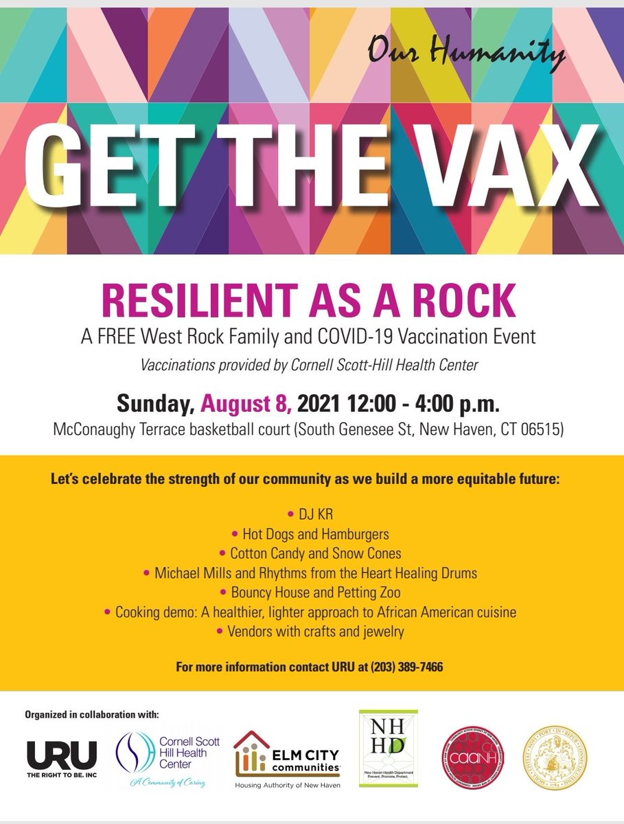 URUTheRightToBe's tweet photo. Hey New Haven! #COVID-19 cases are rising again. Are you trying to #GetTheVax?  We are making it easy and enjoyable for you and your family this Sunday August 8th!  Join us for fun activities, light refreshments, and access to free #COVID-19vaccines. 
.
.
#OurHumanity https://t.co/2N8NBz7dpL