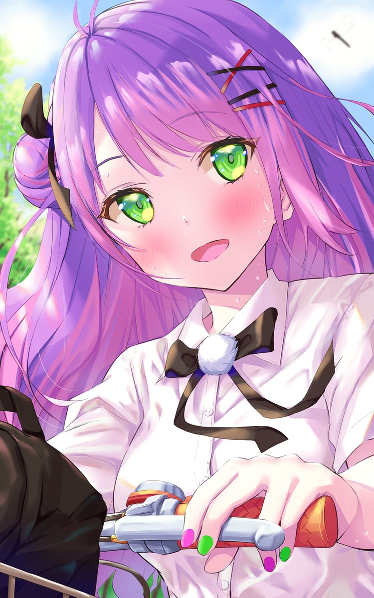 tokoyami towa 1girl single side bun green eyes purple hair solo shirt long hair  illustration images