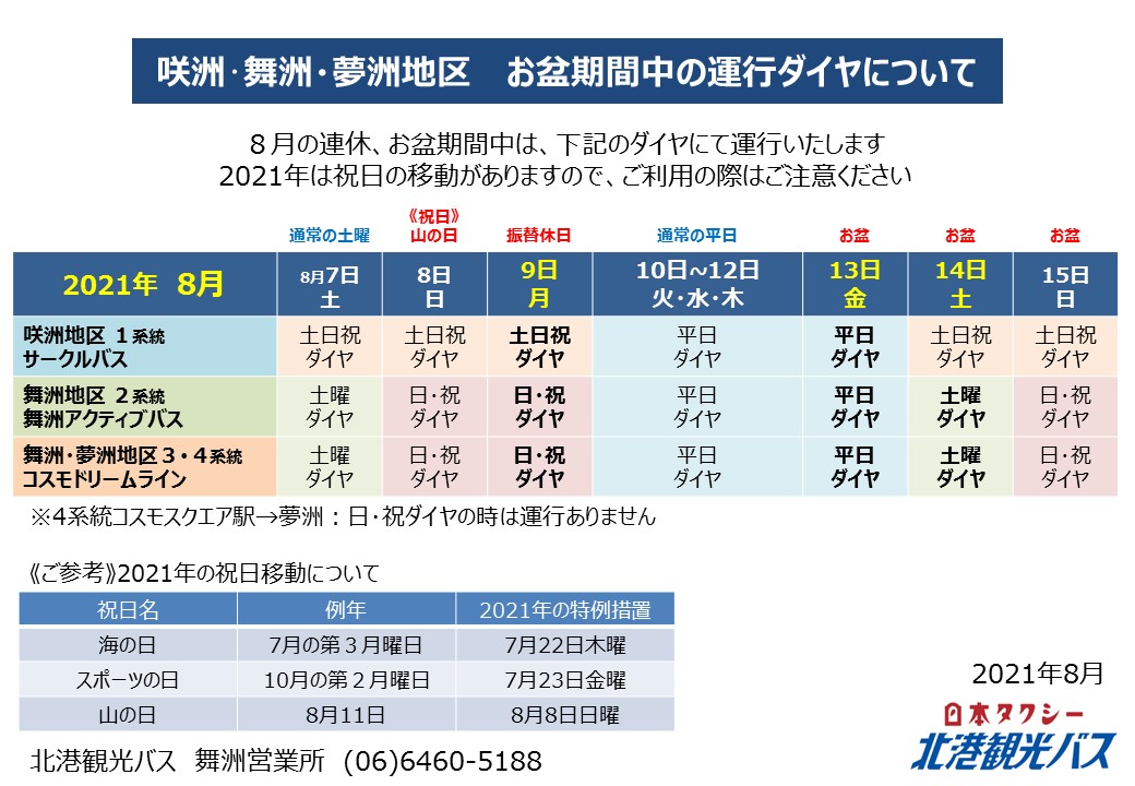 北港観光バス運行状況 お知らせ 公式 V Twitter 北港バスの天美営業所管内等乗合バス 2021年お盆 あびこ 天美北線 西田辺 瓜破西線は表の通りに運行いたします また 中之島ループバス ふらら は 9日月曜 13日金曜ともにお休みとなります あさひ
