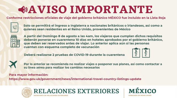 Embamexru's tweet image. 📢 Aviso importante sobre restricciones de viaje para ingresar a 🇬🇧Inglaterra desde🇲🇽México: 👇

Para mayor información : gov.uk/guidance/red-a…