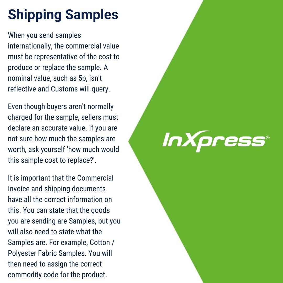 InXpressSwindon's tweet image. Did you know that if you send samples internationally, it is important that you provide a value on the commercial invoice that is representative of the cost to produce or replace the sample. 

For more information on this, please contact us! 

#inxpress #freight #logistics