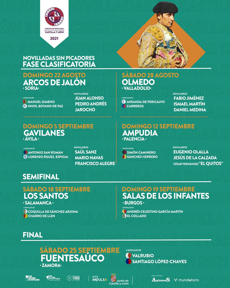 CircuitoCyL's tweet photo. ⚠️ ¡Ya es oficial! ⚠️

El II Circuito de Novilladas sin picadores de Castilla y León arrancará el próximo 22 de agosto en Arcos de Jalón (Soria).

🔹 7 novilladas 
🔹12 novilleros
🔹14 ganaderías 

🏆¡El 25 de septiembre conoceremos al triunfador!

Gracias @jcyl https://t.co/YqodlteLsE