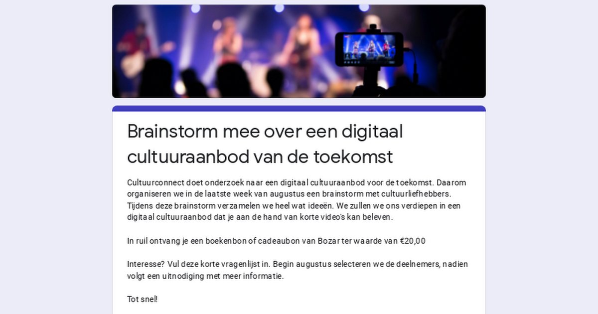 GEZOCHT - In de laatste week van augustus organiseren we een brainstorm met cultuurliefhebbers. We verdiepen ons in online belevingen rond theater- en podiumvoorstellingen met korte video's. Ken je mensen die graag meedenken? Laat van je horen! docs.google.com/forms/d/e/1FAI…