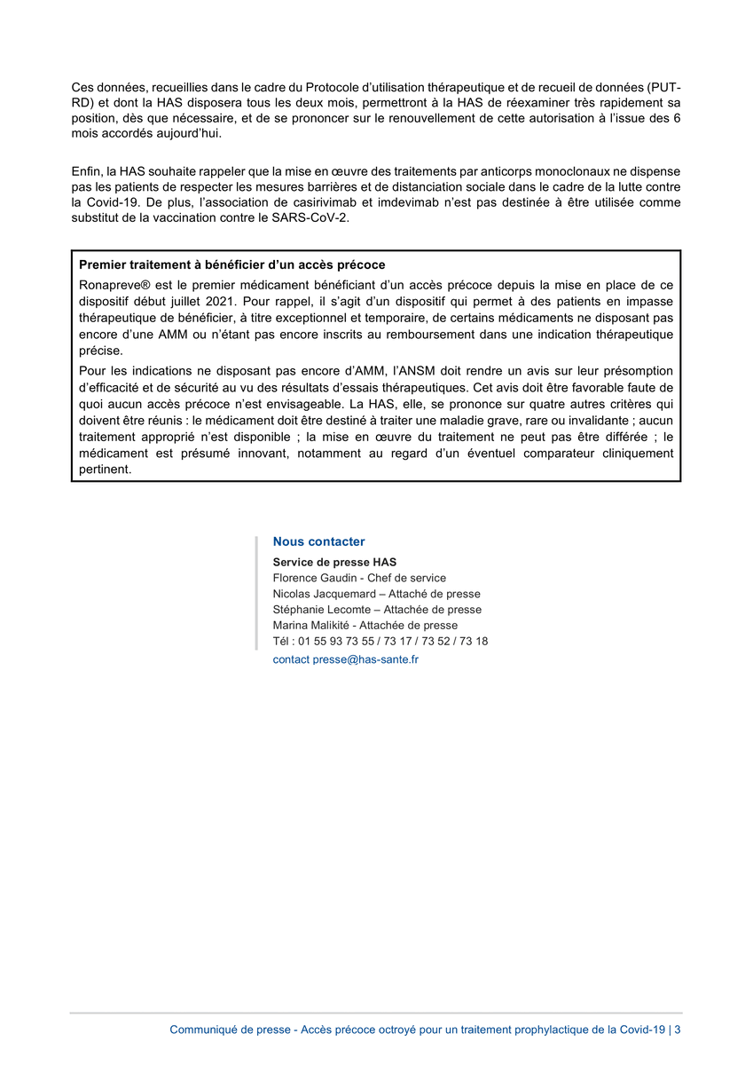 HAS_sante's tweet photo. #Communiqué | #COVID19 - La HAS accorde une autorisation d’accès précoce pré-AMM au traitement Ronapreve® en prophylaxie chez certains patients immunodéprimés à très haut risque de forme sévère de Covid-19
👉 https://t.co/yHRMs7ObyX
Les avis 👉 https://t.co/tyKXt2PpRV https://t.co/ym7dsT64uR