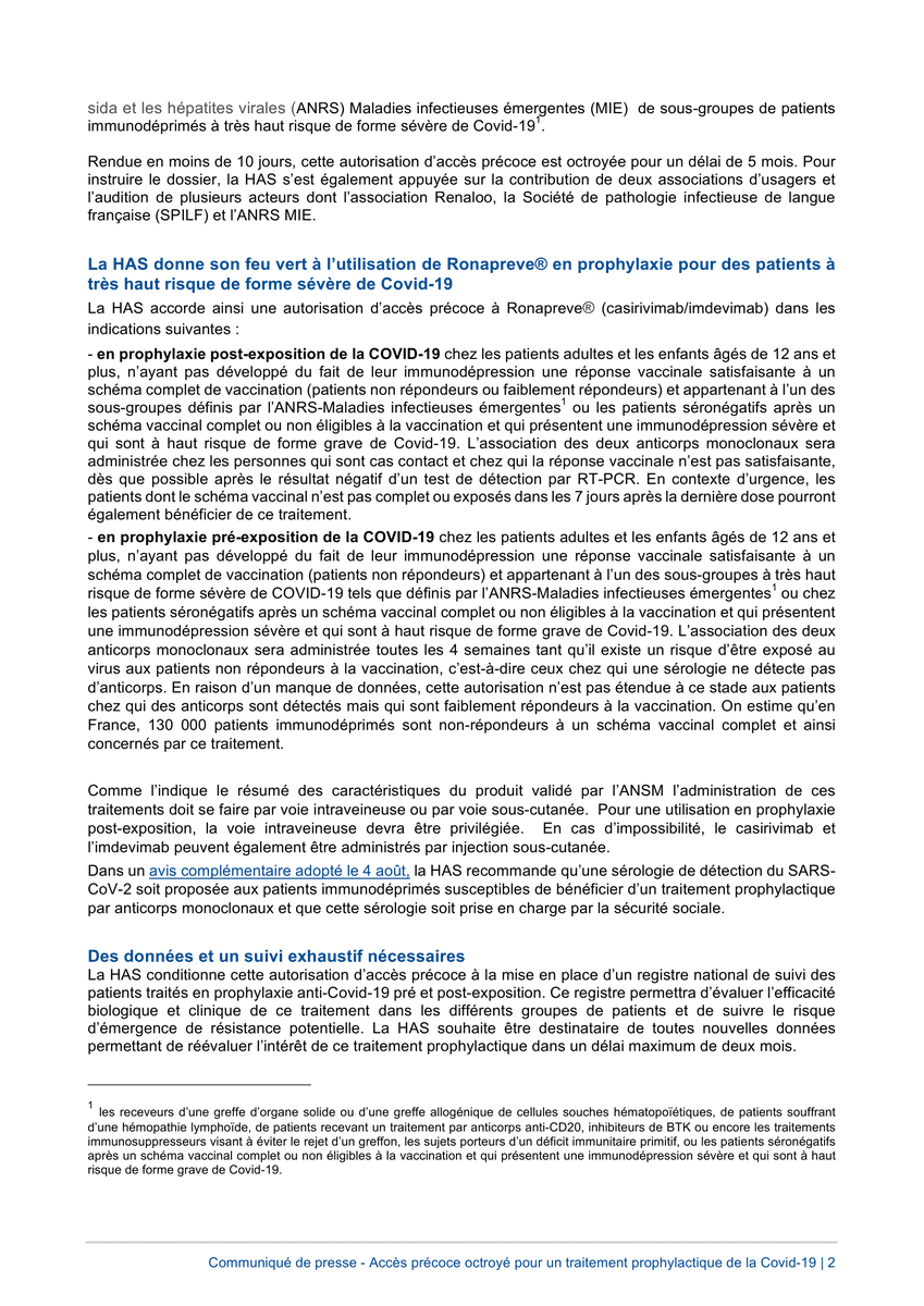 HAS_sante's tweet photo. #Communiqué | #COVID19 - La HAS accorde une autorisation d’accès précoce pré-AMM au traitement Ronapreve® en prophylaxie chez certains patients immunodéprimés à très haut risque de forme sévère de Covid-19
👉 https://t.co/yHRMs7ObyX
Les avis 👉 https://t.co/tyKXt2PpRV https://t.co/ym7dsT64uR