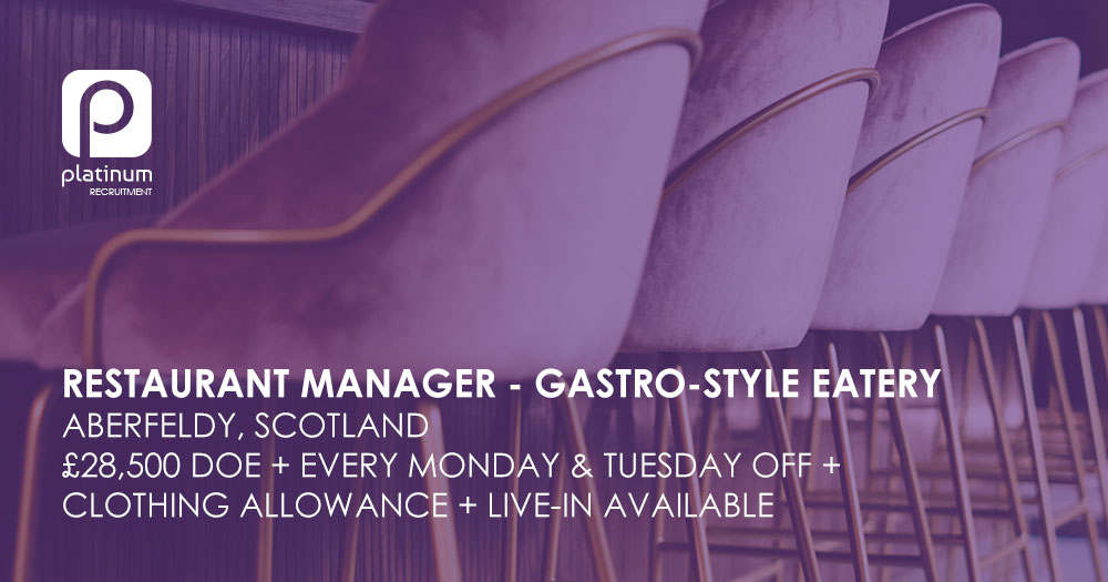 PlatinumRecHQ's tweet image. Gastro-style eatery in Aberfeldy, #Scotland, looking for a #RestaurantManager. Wed to Sun only giving you two consecutive days off.  £28,500 DOE + bonus scheme + free food + clothing allowance + live in accommodation. Find out what this job entails: bit.ly/3iqwAdK