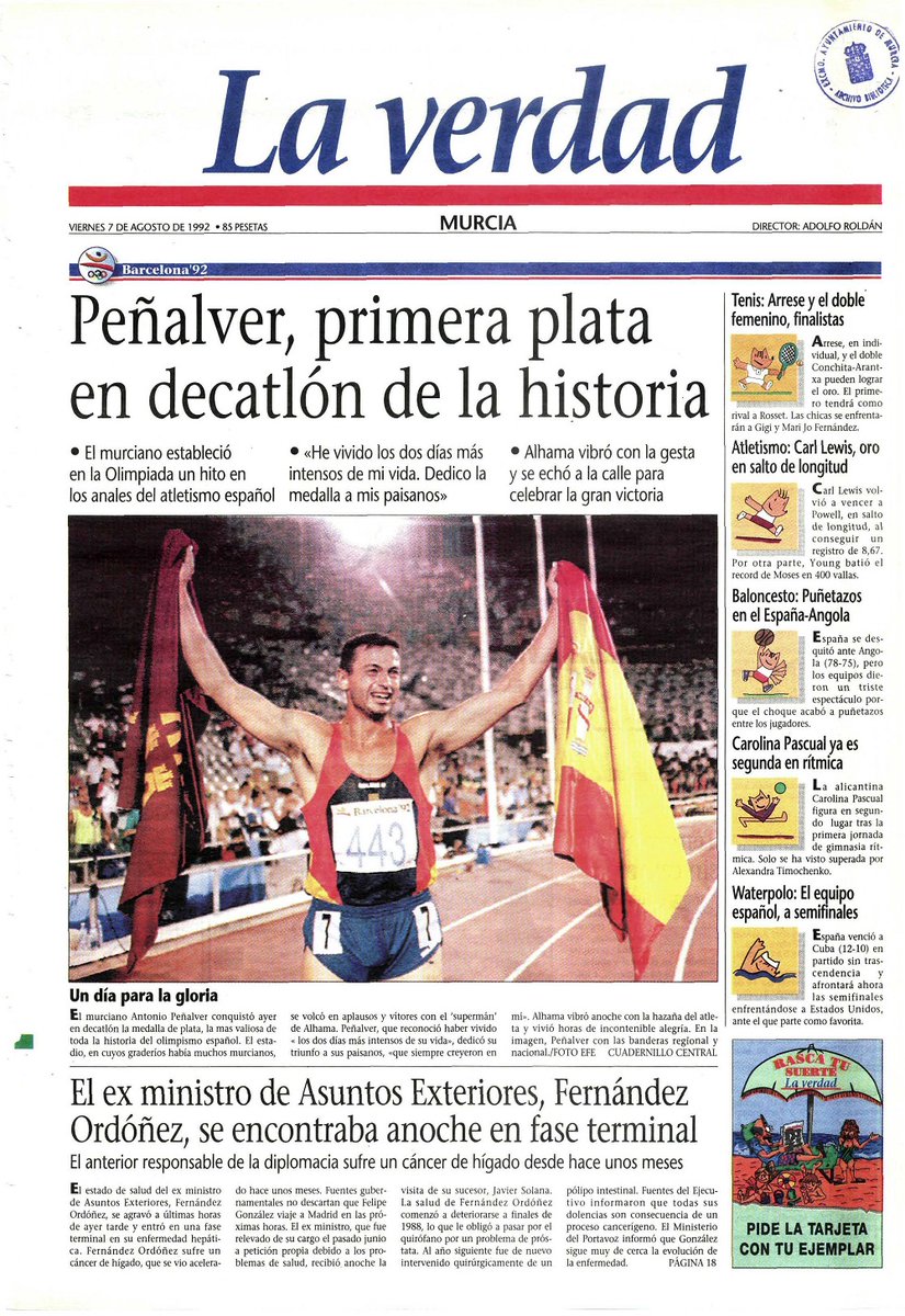 ArchivodeMurcia's tweet photo. #TalDiaComoHoy en 1992 un murciano, de @AytoAlhama, Antonio Peñalver, ganaba 🥈 la primera medalla olímpica para el decatlón español y la primera medalla olímpica para el deporte murciano. Hoy puede caer la tercera.💪
#AMMU #Hemeroteca 
@DeportesMurcia @la_famu @laverdad_es https://t.co/ZgjsfXStE0