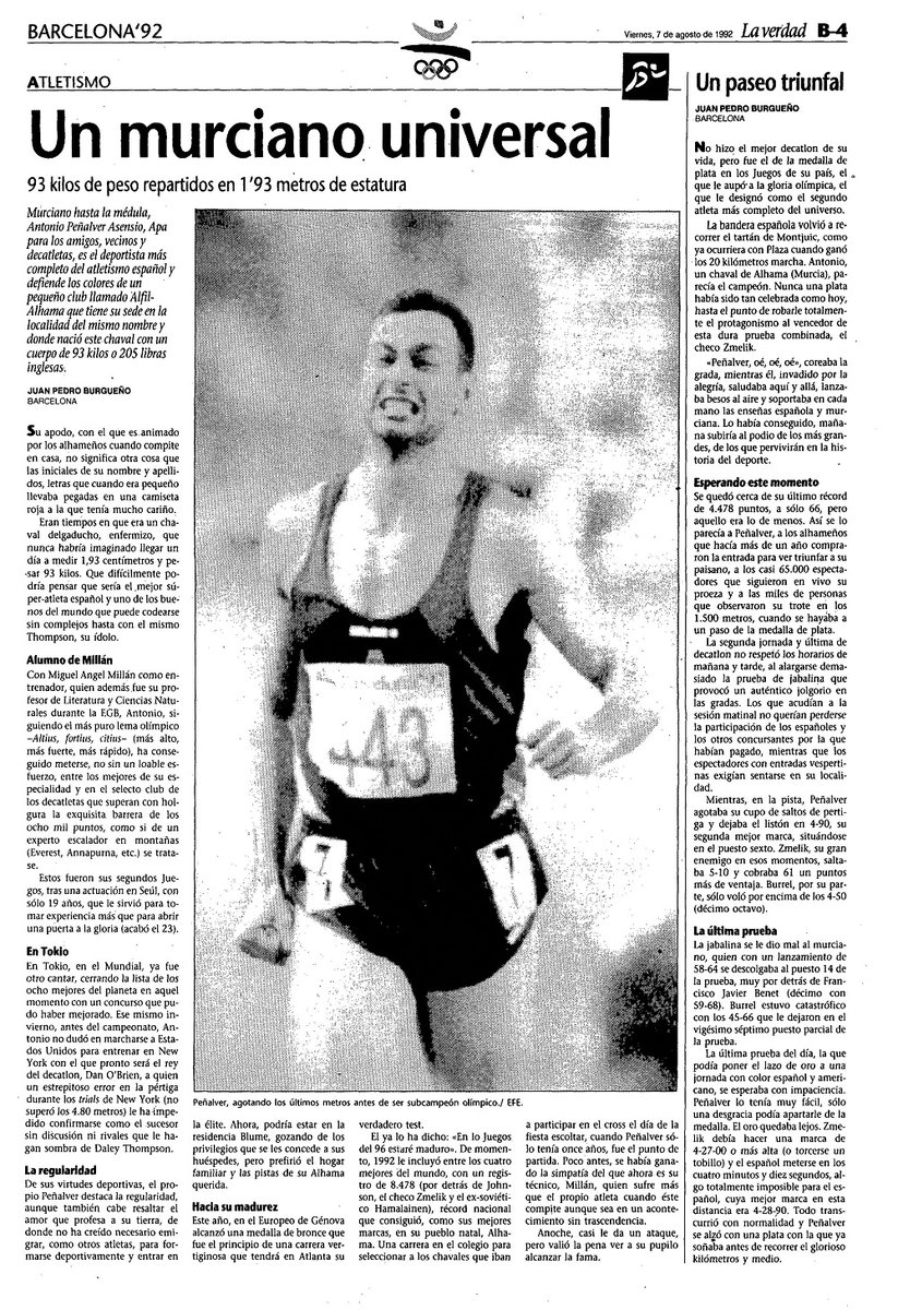 ArchivodeMurcia's tweet photo. #TalDiaComoHoy en 1992 un murciano, de @AytoAlhama, Antonio Peñalver, ganaba 🥈 la primera medalla olímpica para el decatlón español y la primera medalla olímpica para el deporte murciano. Hoy puede caer la tercera.💪
#AMMU #Hemeroteca 
@DeportesMurcia @la_famu @laverdad_es https://t.co/ZgjsfXStE0