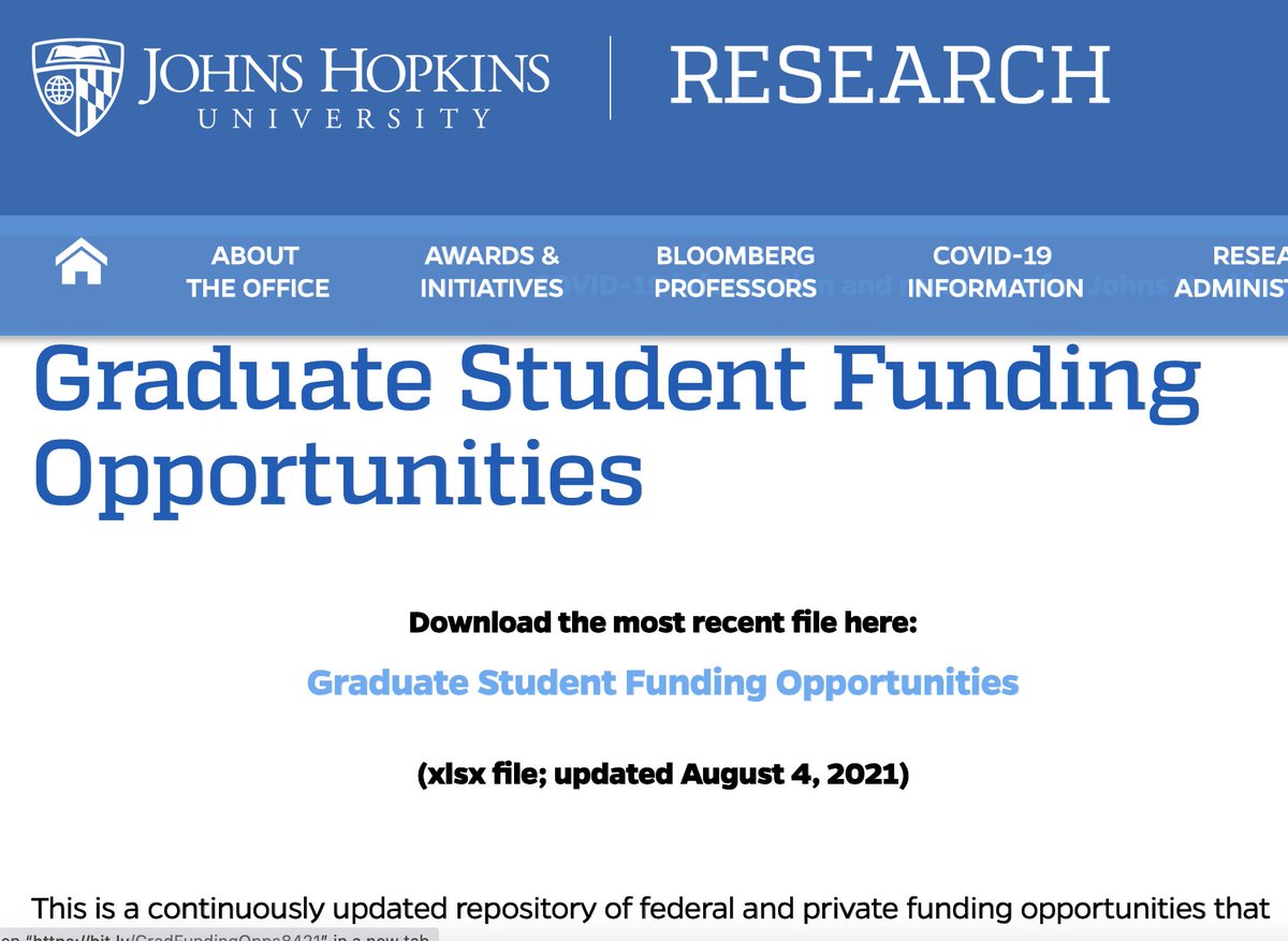 Massive database of PhD fellowships you should apply to. Having a fellowship provides you with more freedom to pick your lab and topic of research for your PhD.

Here we list 197 different types of PhD fellowships: research.jhu.edu/rdt/funding-op…