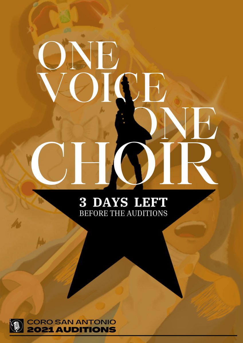SSACoro_'s tweet photo. Are you ready to rise up to take your shot?

Join us in the story of tonight where your world will turn upside-down. The Coro San Antonio auditions open in 3 days. See you there, Anthonians!

Poster by:
Aira Joie Marquez Fernando
Iris Faith Madrilejo
Raphael Antonio Lubay https://t.co/kgf1kmCboI
