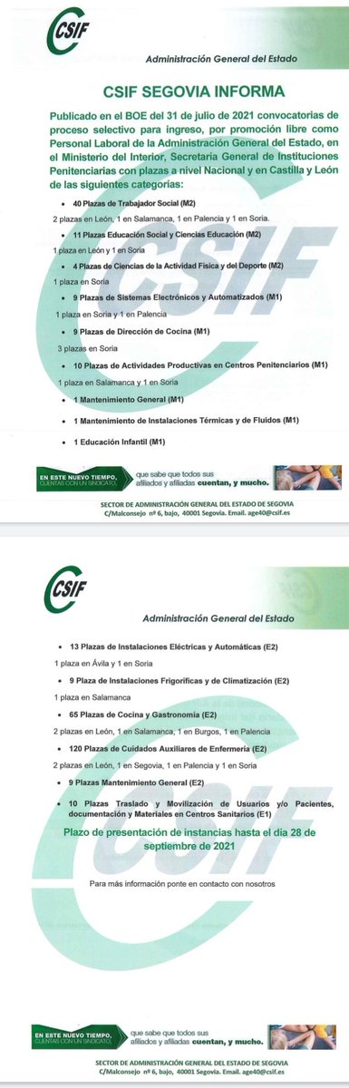 CSIF PRISIONES CASTILLA Y LEÓN (@csifiippcyl) on Twitter photo Convocatoria proceso selectivo para ingreso por promoción libre para personal laboral de la Administración General del Estado, de la Secretaría General de Instituciones Penitenciarias.
<a href="/CSIFPRISIONES/">CSIF PRISIONES</a> <a href="/CSIFCPTOPAS/">CSIF-CPTOPAS</a> <a href="/CSIF_UACyL/">CSIF Castilla y León</a> <a href="/CSIFCPTOPAS/">CSIF-CPTOPAS</a> <a href="/CSIFCPVALLADOL1/">@CSIF IIPP VALLADOLID</a> <a href="/csifcpduenas/">CSIFCPDUEÑAS</a> <a href="/csifcp/">CSIF CPMansilla</a> Convocatoria proceso selectivo para ingreso por promoción libre para personal laboral de la Administración General del Estado, de la Secretaría General de Instituciones Penitenciarias.
<a href="/CSIFPRISIONES/">CSIF PRISIONES</a> <a href="/CSIFCPTOPAS/">CSIF-CPTOPAS</a> <a href="/CSIF_UACyL/">CSIF Castilla y León</a> <a href="/CSIFCPTOPAS/">CSIF-CPTOPAS</a> <a href="/CSIFCPVALLADOL1/">@CSIF IIPP VALLADOLID</a> <a href="/csifcpduenas/">CSIFCPDUEÑAS</a> <a href="/csifcp/">CSIF CPMansilla</a>