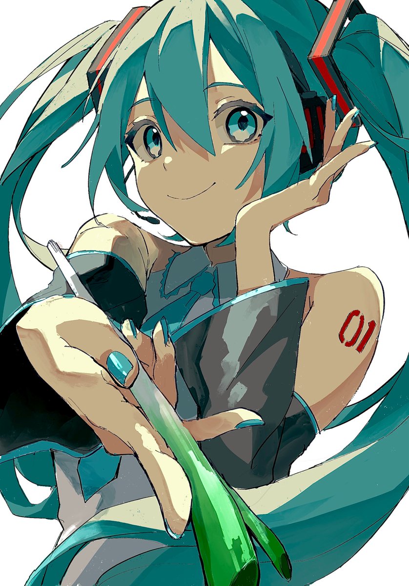 hatsune miku 1girl solo twintails smile long hair spring onion detached sleeves  illustration images