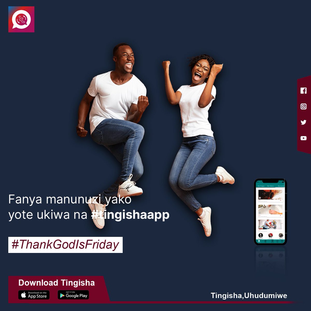TingishaApp's tweet photo. Thank God is Friday🕺💃
Unaweza kuongea wigo wa biashara yako sasa.
.
Ingia playstore ama Appstore u download unaweza kupata link hapo kwenye bio.
#TingishaAppAmerudi #app #tanzania #friends
.
.
#Tingisha #Tingishabusiness #Serviceprovider #localservices #homeservices https://t.co/ciMc0wJyic