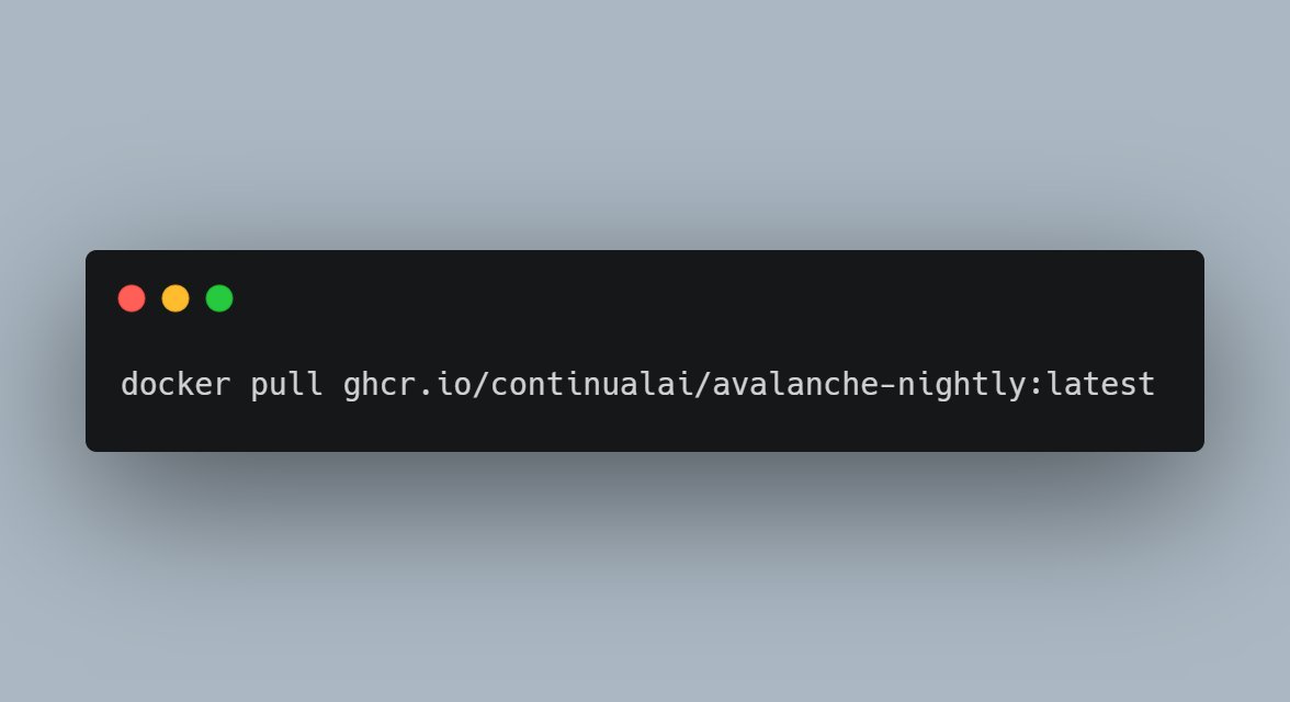 Vincenzo Lomonaco (@v_lomonaco) on Twitter photo <a href="/AvalancheLib/">Avalanche</a> the end-to-end library for Continual Learning by <a href="/ContinualAI/">ContinualAI</a> has now a nightly docker release thanks to <a href="/ggraffieti/">Gabriele Graffieti</a>! 🛠️🔥
Installing and using #Avalanche has never been easier!
📍 Avalanche GitHub: github.com/ContinualAI/av… <a href="/AvalancheLib/">Avalanche</a> the end-to-end library for Continual Learning by <a href="/ContinualAI/">ContinualAI</a> has now a nightly docker release thanks to <a href="/ggraffieti/">Gabriele Graffieti</a>! 🛠️🔥
Installing and using #Avalanche has never been easier!
📍 Avalanche GitHub: github.com/ContinualAI/av…