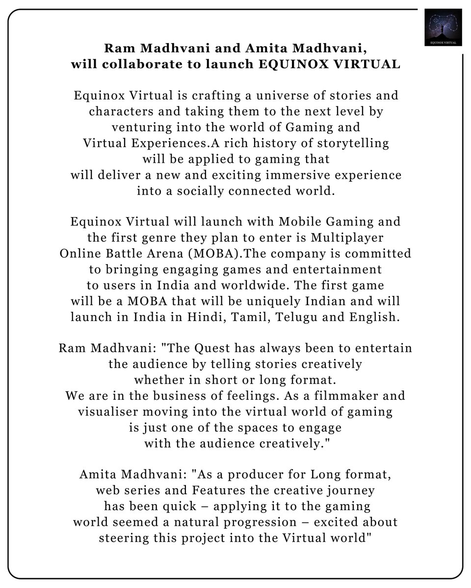 EquinoxFilms's tweet image. Virtual world. Virtual stories @EquinoxVirtual 

@RamKMadhvani @amita_madhvani #KhvafarVakharia #RajaVed @SiddhanthMadhv1 @OfficialRMFilms #EquinoxFilms