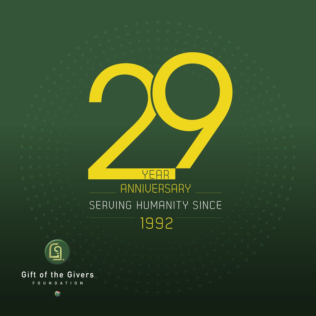 Today we celebrate 29 years of serving humanity 💚

Since our inception, we have been committed to ensuring the well-being of individuals regardless of race, financial status or geographical location.

#GiftOfTheGivers #MakeADifference #ForTheGreaterGood #SouthAfrica