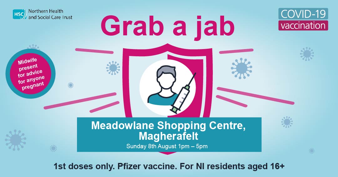 MidUlster_DC's tweet photo. Don't forget! The @NHSCTrust mobile vaccination clinic takes place this Sunday in Meadowlane Shopping Centre, Magherafelt, 1pm-5pm - and anyone aged 16+ can now also get vaccinated! https://t.co/aPFvPPlpBL