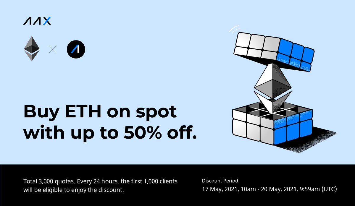 As part of the celebration of #Ethereum's 6th anniversary, you can buy $ETH with up to a 50% discount on #AAX! 🎉
 
🗓Discount period:
From: Aug 16, 9AM (UTC)
To: Aug 19, 9AM (UTC)

💡Tips: Subscribe your ETH to AAX fixed savings to enjoy up to 20% APY!
bit.ly/3Af859r