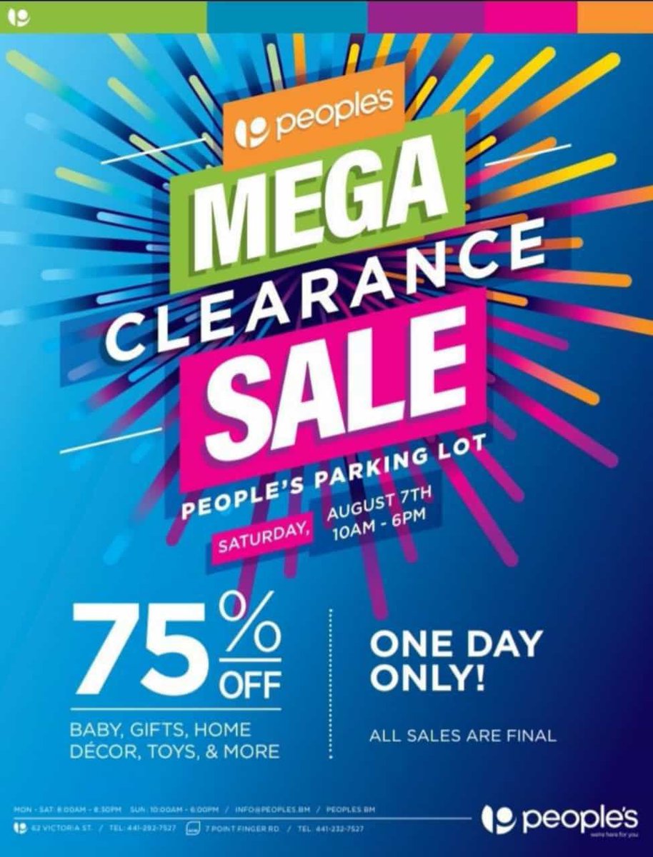 PeoplesBDA's tweet photo. MEGA CLEARANCE SALE 75% OFF Parking Lot Sale
One Day Only - Saturday Aug 7th:10-6
See you there #peoplesbda #Bermudasbestbuys https://t.co/lb3DyDKyvY