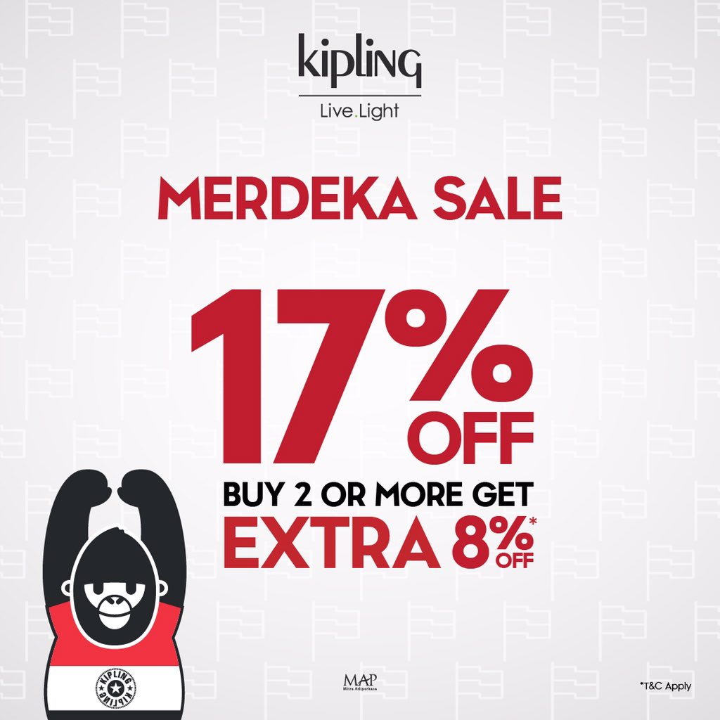 PondokIndahMall's tweet image. It’s Time: The Merdeka Sale begins! Shop from your home and get 17% Off + 8% when you purchase 2 or more. Visit our bio and click link to shop. #KiplingIND #KiplingLiveLight #LiveLight