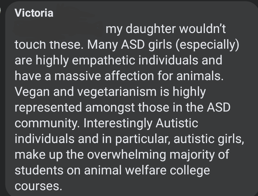 This *is* rather interesting

#autism #empathy #vegan #veganism #Neurodivergent #NeuroDiverseWomen

(On a post about chicken nuggets, in an #ASD page)