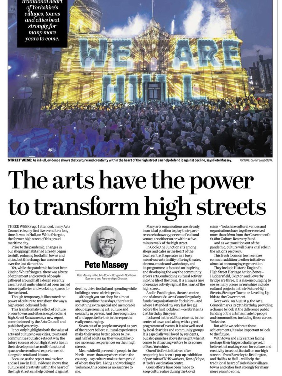 Our <a href="/ace_national/">Arts Council England</a> Northern Economy and Partnership Director @Art4theMasseys in <a href="/yorkshirepost/">The Yorkshire Post</a> on what arts and culture can do to help high streets recover. Our <a href="/ace_thenorth/">Arts Council England, North</a> team works closely with <a href="/HeritageFundNOR/">The National Lottery Heritage Fund North</a> <a href="/HistoricEngland/">Historic England</a> @The_NP11 to make it a reality across the North