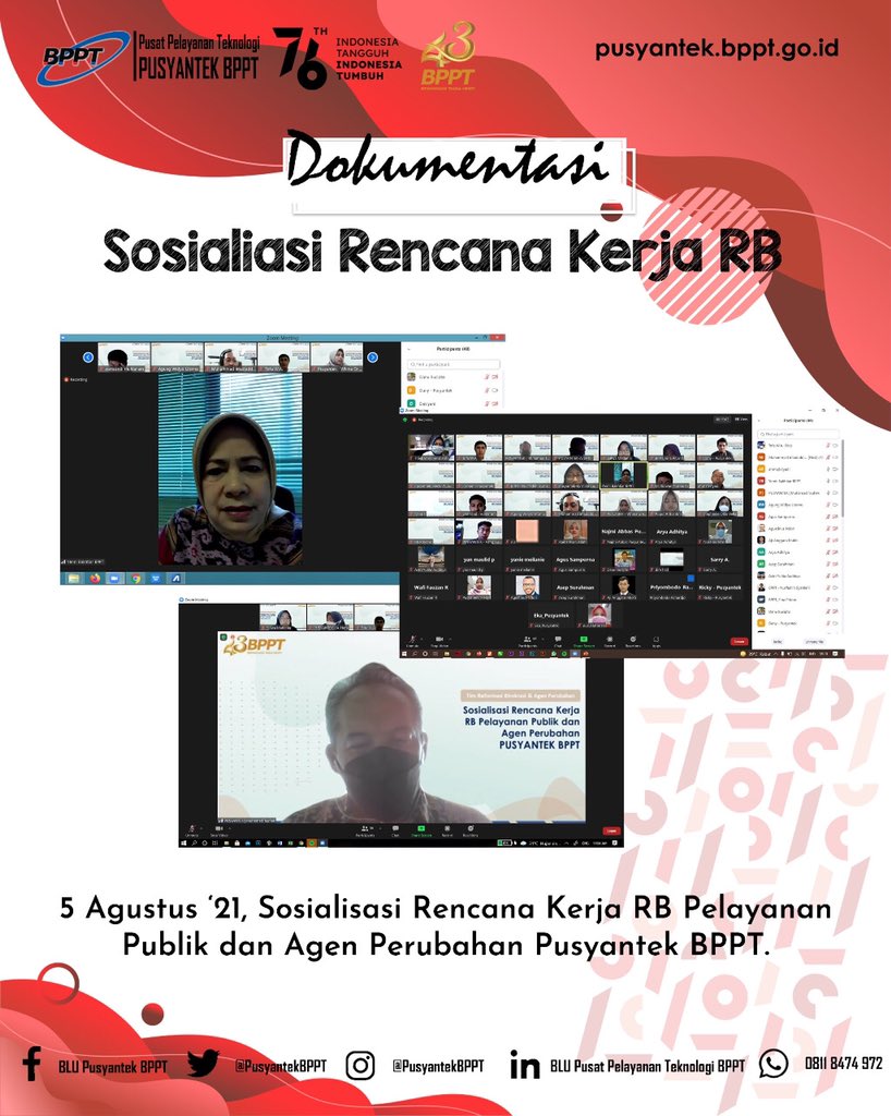 PusyantekBRIN's tweet image. Kemarin, pada tanggal 5 Agustus 2021, Pusyantek BPPT melaksanakan kegiatan Sosialisasi Rencana Kerja RB Pelayanan Publik dan Agen Perubahan.

#BPPTSolidSmartSpeed
#pusyantekbppt
#InovasiIndonesia
#teknologi