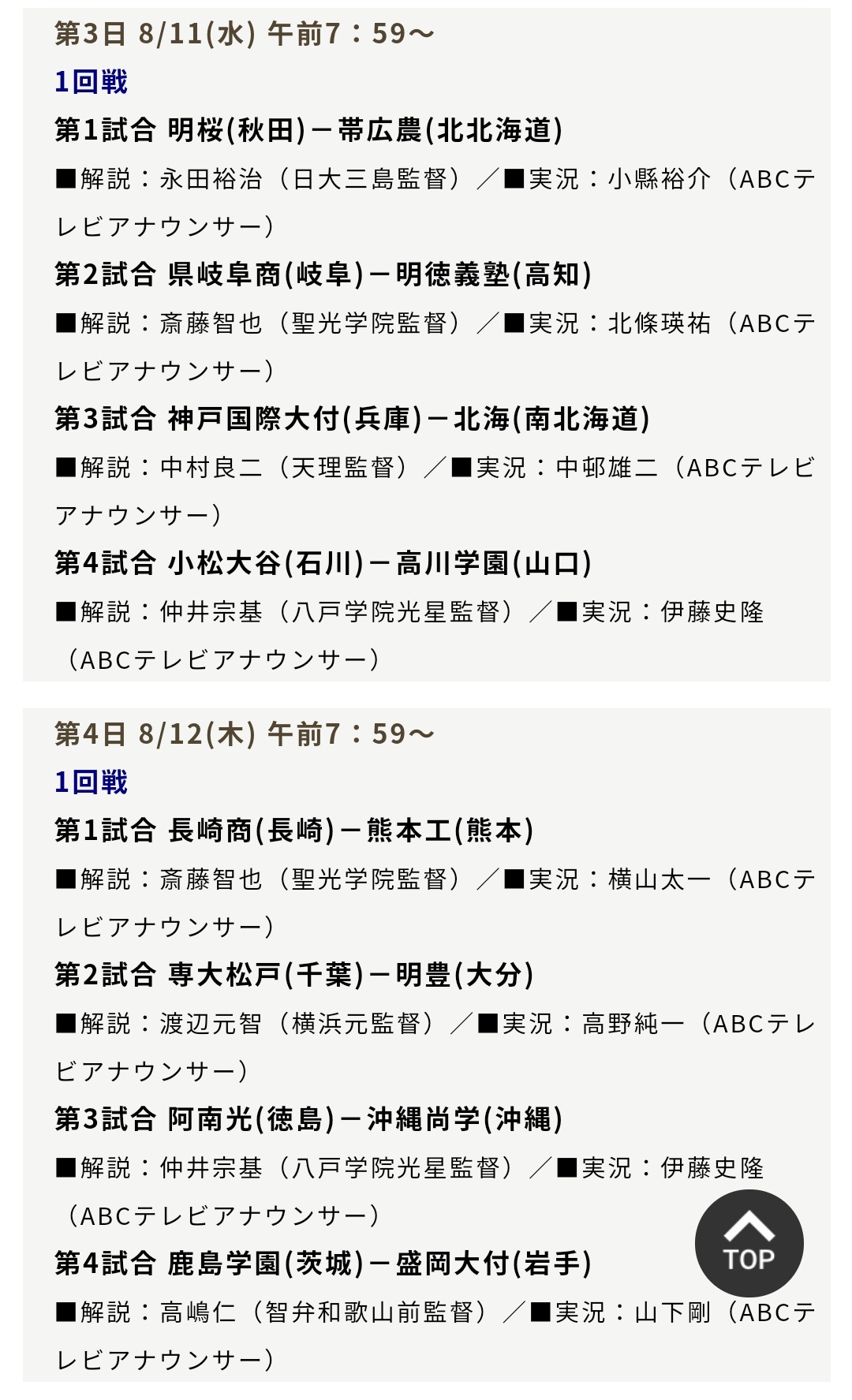 Suken 祝 Joay Dtvマスターコントロール更新 Abc高校野球中継 テレビ 前半の解説 実況スケジュールが今年も Bs朝日経由で公開 開会式は実況abc横山アナ 解説山下智茂さん 昨年の交流試合同様にテレ朝系局からの実況派遣はなしか と思っ