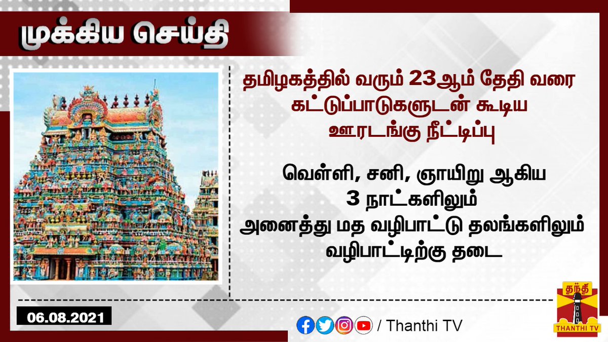 ThanthiTV's tweet photo. #BREAKING : தமிழகத்தில் வரும் 23ஆம் தேதி வரை கட்டுப்பாடுகளுடன் கூடிய ஊரடங்கு நீட்டிப்பு 

* வெள்ளி, சனி, ஞாயிறு ஆகிய 3 நாட்கள் அனைத்து மத வழிபாட்டு தலங்களிலும் வழிபாட்டிற்கு தடை

#lockdownextension | #lockdown6 | #TamilNadu https://t.co/06RKI3peLL