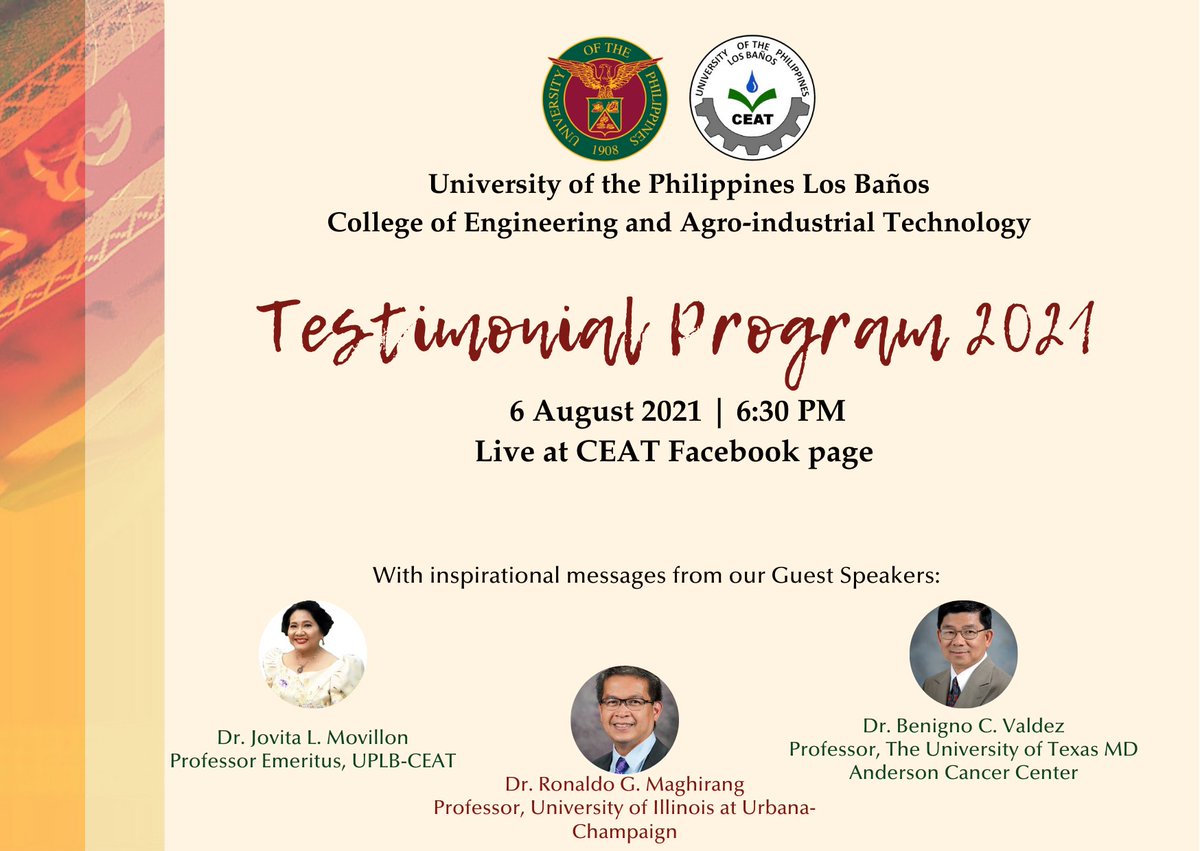 UPLBCEAT1983's tweet photo. CEAT Testimonial Program 2021
6 August 2021 | 6:30 PM
Live at CEAT Facebook Page

FB: https://t.co/zdpMsO33j7

#TatakCEAT
#UPLBSablay2021 https://t.co/zk2gGj8zrL