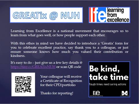 Complete a Greatix form now to show a colleague some appreciation and celebrate excellent practice! Lets look after each other and highlight people doing a great job! tiny.cc/GREATixNUH #BeKind <a href="/NUHSurgery/">NUH Surgery and Associated Services</a> <a href="/NUHMedicine/">NUH Medicine</a> <a href="/nottmchildrens/">Nottingham Children’s Hospital and NNU</a> @TeamNUH <a href="/NUHTeamStroke/">Team Stroke</a>