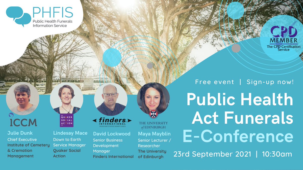 PHAfunerals's tweet photo. EVENT ANNOUNCEMENT📢 

The Public Health Act Funerals E-Conference 2021

An excellent panel with a wealth of experience, to aid those working with #PHAFunerals. 
@InstituteCCM @QSA @mayblin @findersprobate 

Read more &amp; register for our FREE event below... https://t.co/Lf14lt1nLn https://t.co/PdRzARmQUu