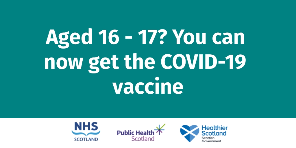 📢! If you are 16 or 17 years old you can now self-register for an appointment at: nhsinform.scot/vaccineregistr… 

Let's all do our part to keep each other, and ourselves, safe - if you can, please get vaccinated. #NotGivingIn