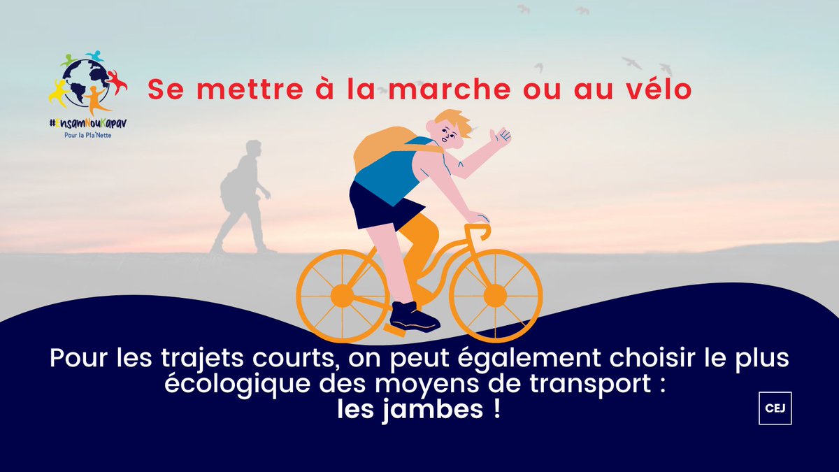 ensamnoukapav's tweet photo. Se mettre à la marche ou au vélo :

Pour les trajets courts, on peut également choisir le plus écologique des moyens de transport : les jambes ! L’occasion de faire un peu d’exercice en pratiquant la marche ou le vélo. 

Supporter la cause - https://t.co/QvYoVATcYb
#ensamnoukapav https://t.co/xeVGhxGpOO