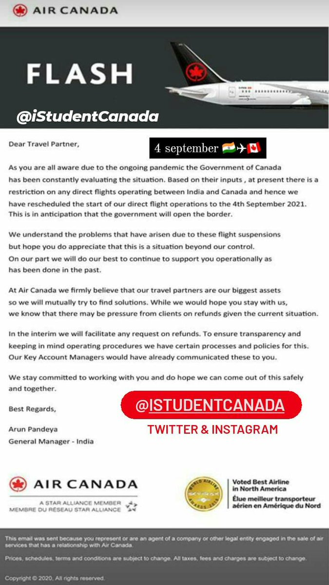 iStudentCanada's tweet photo. Now it's a confirmation letter from @AirCanada that direct flights from 🇮🇳✈🇨🇦 will start from #4September2021.
@iStudentCanada https://t.co/OFn9ikq60N