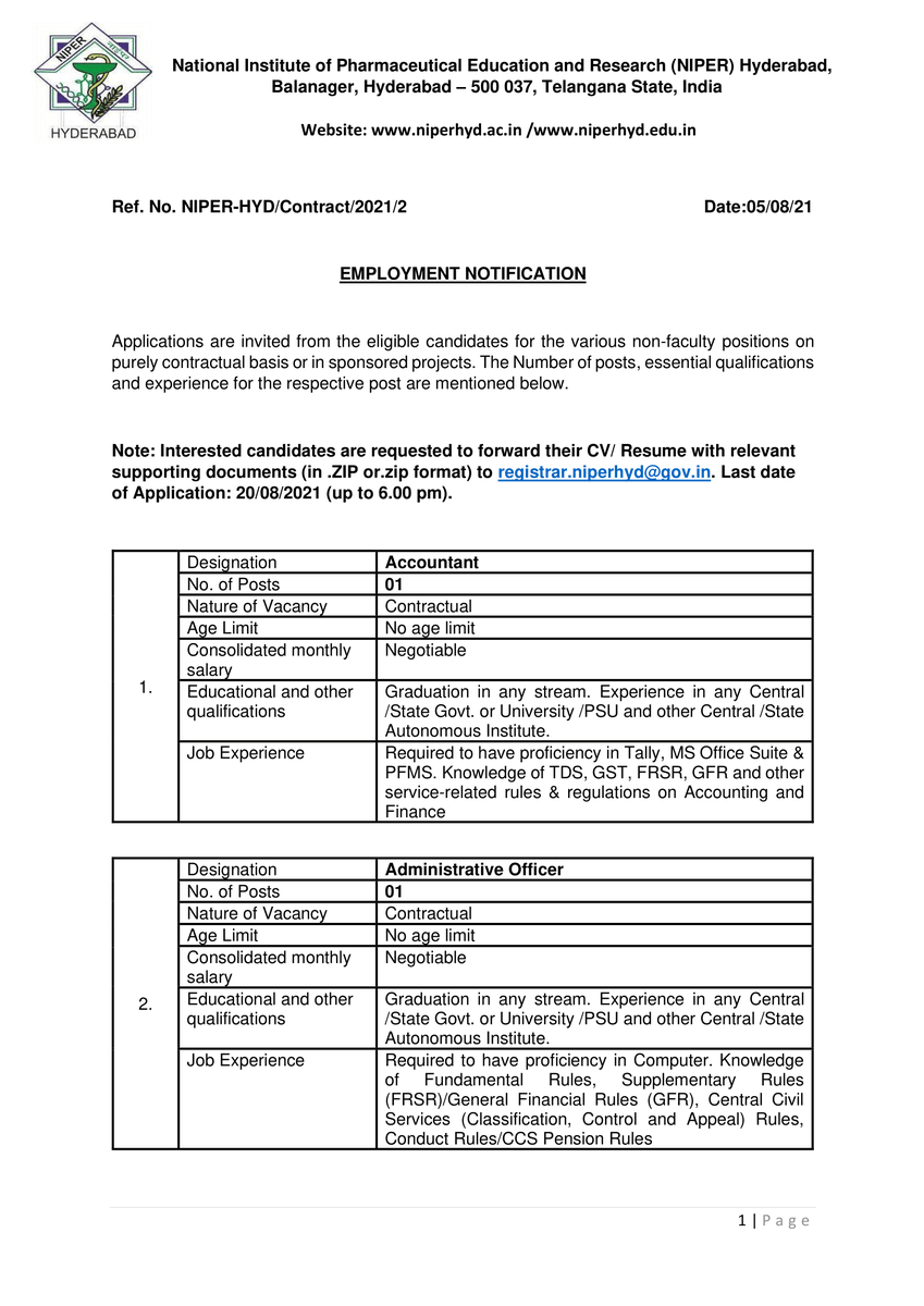 NIPERHyd's tweet photo. Jobs at @NIPERHyd
Applications are invited for various positions on purely #contractual basis or in #sponsoredprojects
Forward your CV/ Resume with relevant supporting documents (In zip format) to registrar.niperhyd@gov.in
Last date: 20/08/2021 (up to 6.00 pm). https://t.co/Vz7RlTGVgm