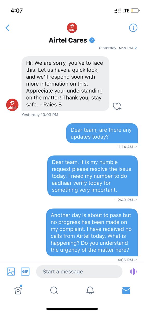 sagaraps's tweet photo. @Airtel_Presence #airteldoesntcare no updates since morning. Another day is about to pass. No one from Airtel has cared to call to update on the complaint. What is the issue here? Please update immediately. https://t.co/ieQPSnydNf