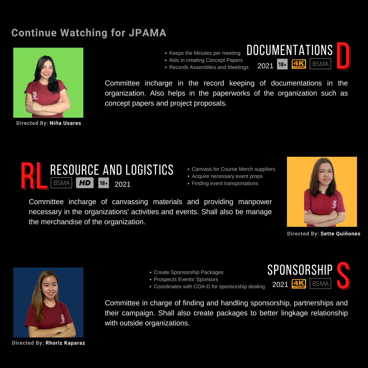 AdDUJPAMA's tweet photo. 🎥 LIGHTS, CAMERA, RECRUITMENT! 🎬 

Be part of the amazing behind-the-scenes team of JPAMA and join the different committees that make our events exciting as ever!

Recruitment is on August 6-12, 2021

Fill out your Forms here: https://t.co/X4639MmN6y

#MAximizingAvenues https://t.co/qSzsFbklEs