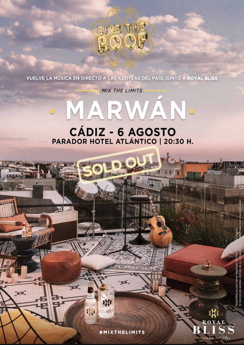 LiveTheRoof's tweet photo. Hoy @Marwanmusica inaugura la temporada de #LiveTheRoof en #Cádiz con todas las entradas vendidas 🚫
⏰ Apertura de puertas: 20:30h
📍Parador Hotel Atlántico
⚠️El uso de mascarilla es obligatorio.
#RoyalBliss #MixTheLimits #FreedomToMix https://t.co/vwZCabiT8Y