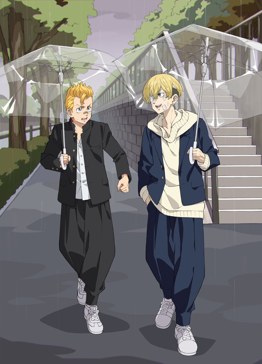 2boys multiple boys blonde hair gakuran school uniform male focus holding umbrella  illustration images