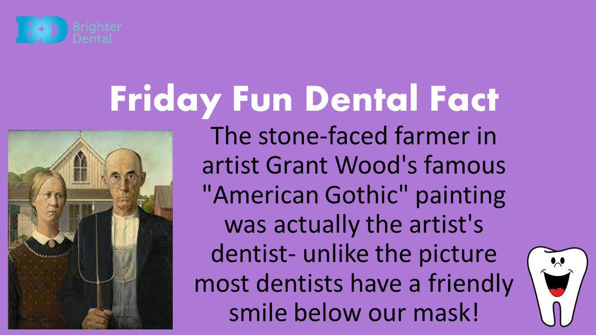 An arty #FunFactFriday this week from our friends <a href="/BrighterDental_/">Brighter Dental</a> #IslesOfScilly - #DidYouKnow the stone-faced farmer in #GrantWood's famous painting #AmericanGothic was actually the artist's #dentist? Unlike the picture, most #dentists have a friendly #smile under our #mask 😊