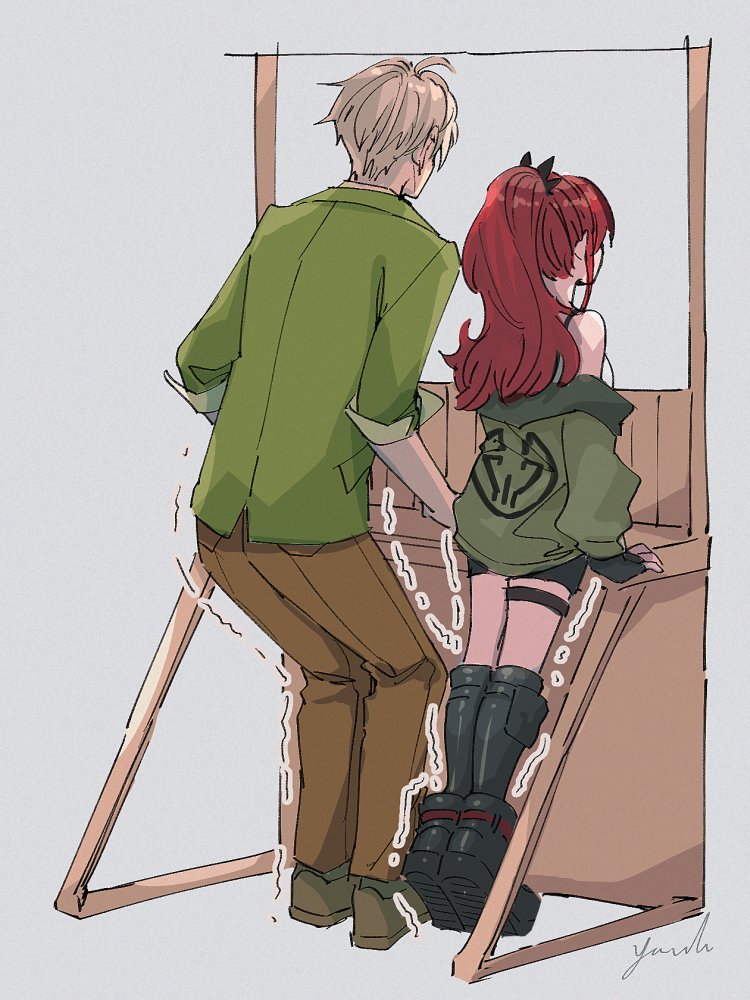 1girl green jacket 1boy jacket red hair trembling ponytail  illustration images