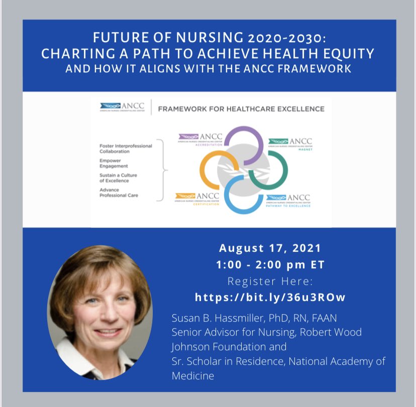 Join us on August 17 (1-2p ET)! Dr. <a href="/suehassmiller/">Susan Hassmiller</a> will discuss the  #FutureOfNursing2030 recommendations and how they align with the #ANCC Framework for Nursing Excellence. 

Register here:  bit.ly/3y21wXp and please share. 

#futureofnursing
#nursingexcellence