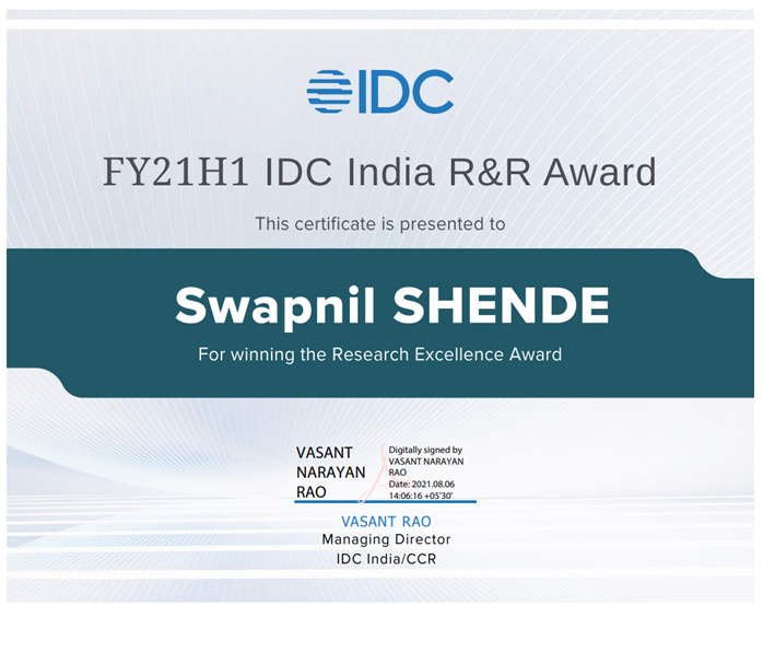 swapnilvshende's tweet photo. I am humbled to have received "Research Excellence Award" for H1 2021. https://t.co/J8eVi3dumc