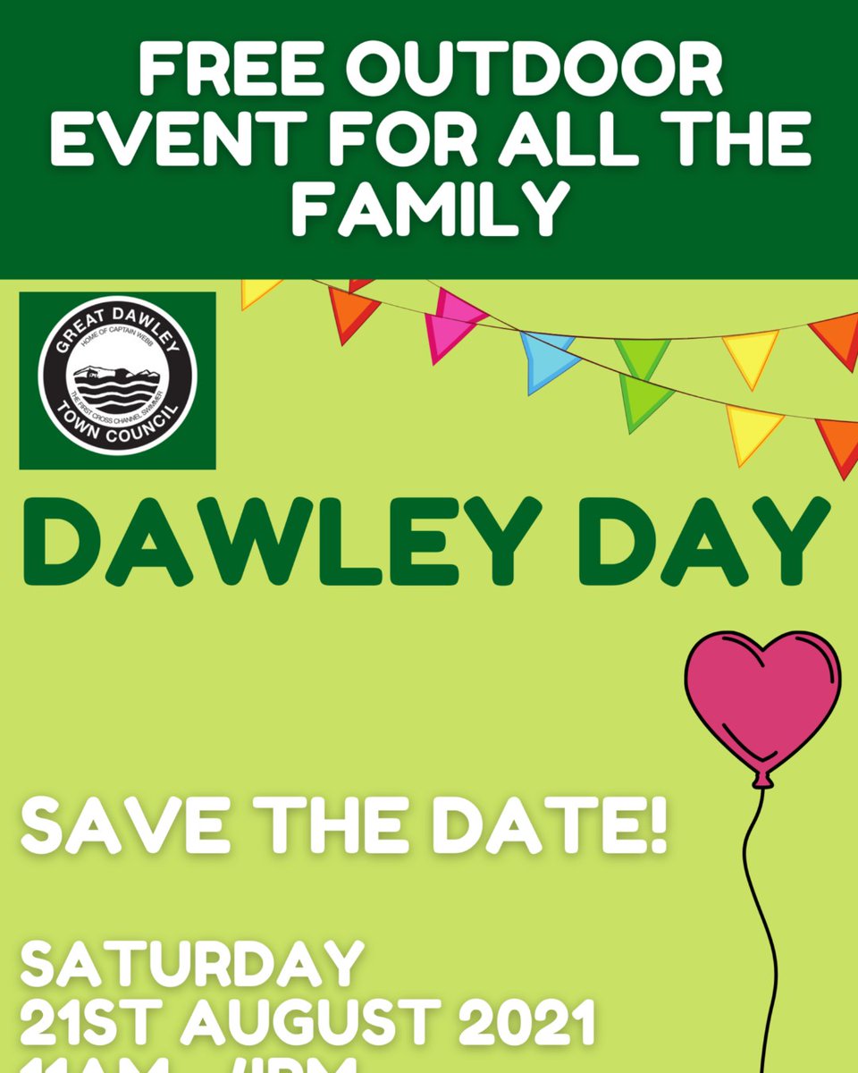 IT'S COMING 💚

🎉Dawley Day 2021🎉 
Date: Saturday 21st August 2021

Join the Event Discussion here: fb.me/e/Zg2NboZy

#SPREADTHEWORD #GreatDawleyEvents #DawleyDay2021 #FREE #CommunityEvents #SAVETHEDATE #BEREADY