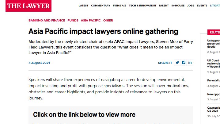 In The Lawyer | #APAC Impact Lawyers 12 Aug | RSVP bit.ly/esela12Aug 

Moderated by newly elected chair, Steven Moe of Parry Field Lawyers, this #eselaonline event asks “What does it mean to be an #ImpactLawyer in Asia Pacific”

🗞️ Read <a href="/TheLawyermag/">The Lawyer</a> bit.ly/3fBWjxY