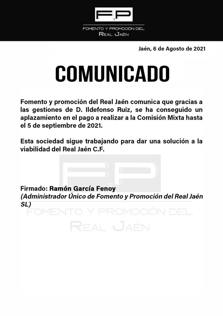 🟣 COMUNICADO FOMENTO Y PROMOCIÓN DEL REAL JAÉN

•Aplazamiento en el pago a realizar a la comisión mixta.