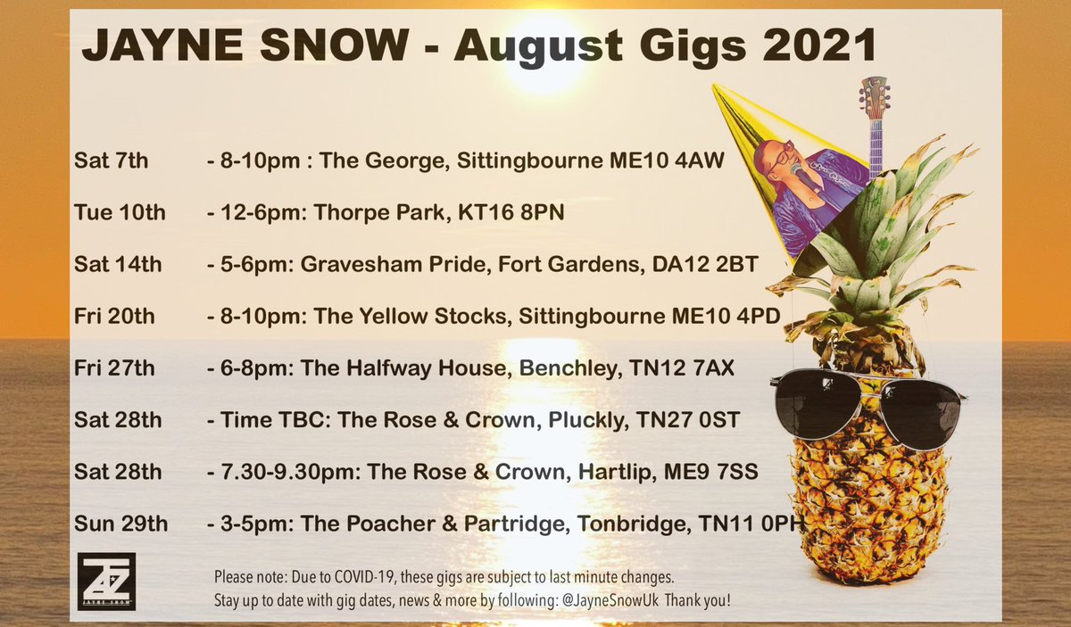 🎉🏝August Gig Dates!🏖 🎉

Celebrate the summer with me! Pop these gig dates into your diary! 🎶 😎

I’m really looking forward to performing for you all! Let’s make some musical memories and do this!!! 🙌🏻🤘🏻💪🏻🥳

#JayneSnow #GigDates #AugustGigs #KentMusician #LiveMusic