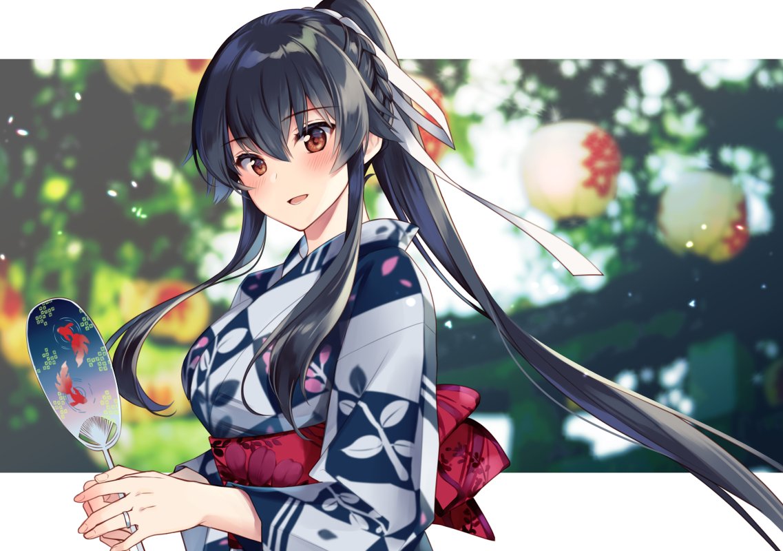 yahagi (kancolle) 1girl black hair 1boy long hair japanese clothes kimono ponytail  illustration images