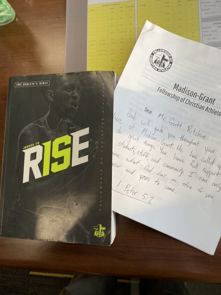 just got a first day gift from the FCA students with a nice little note. Very blessed to be involved in this community. #WeAreMG